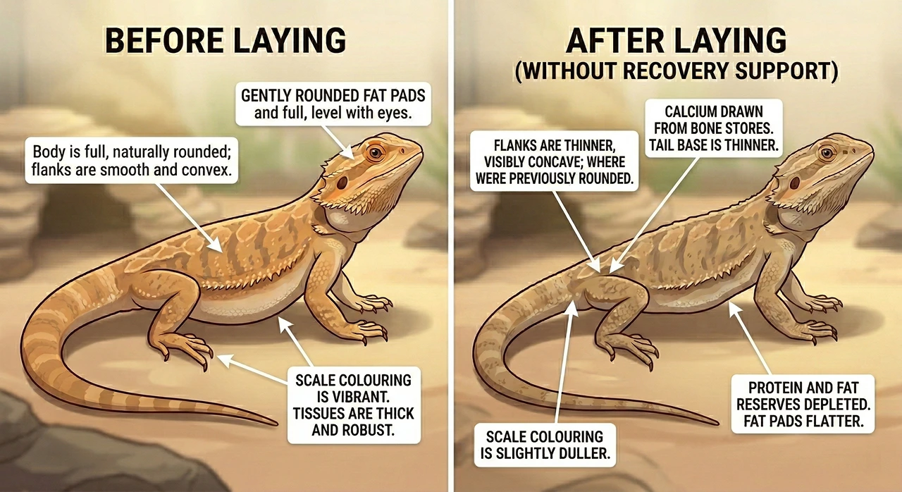 A two-panel diagram comparing a female bearded dragon before and after laying eggs. The 'Before' panel shows a robust dragon with round fat pads, smooth flanks, and a thick tail base. The 'After' panel shows a depleted dragon with visibly sunken flanks, flat fat pads, and a thinner tail base due to calcium and fat depletion.
