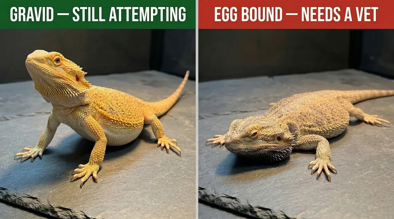 Side-by-side comparison showing a gravid female bearded dragon standing alert with normal colouration on the left, and an egg-bound female lying flat with a darkened beard on the right.
