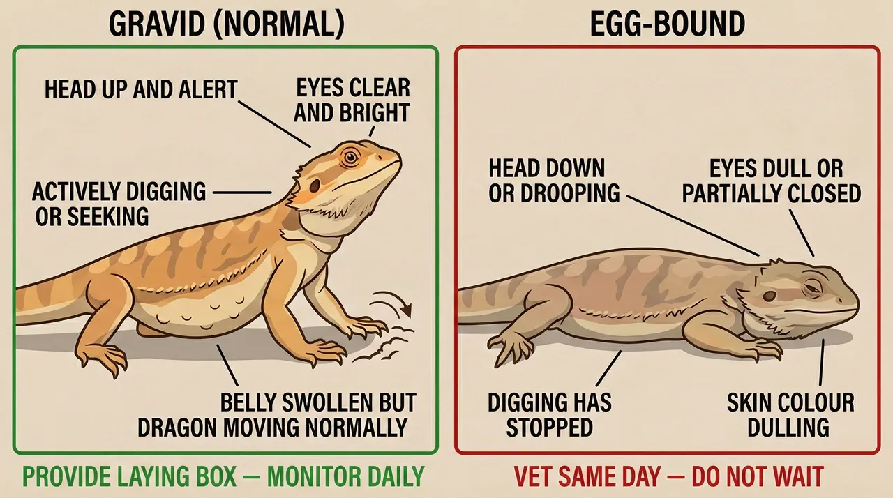 A side-by-side diagram comparing an alert, actively digging gravid female bearded dragon with a lethargic, egg-bound female showing signs of distress.