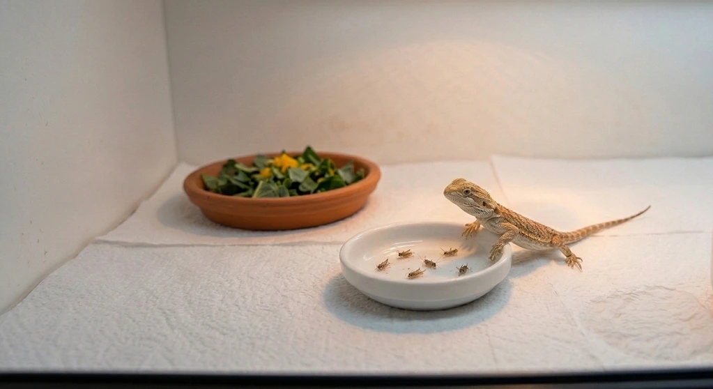 A hatchling bearded dragon on white paper towel substrate, positioned beside a shallow feeding dish with pinhead crickets and a small terracotta salad bowl containing chopped collard greens.