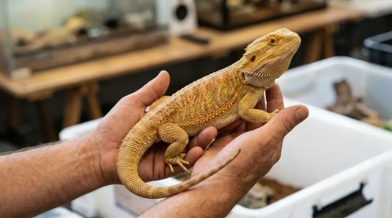 Where to Buy a Bearded Dragon - A healthy, alert adult bearded dragon held calmly in an experienced keeper's hands at a reptile expo, showing the relaxed posture and good body condition that marks a well-sourced animal.