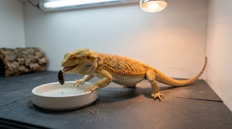 A healthy adult bearded dragon catching a gut-loaded dubia roach from a ceramic feeding dish inside a correctly set-up 4x2x2 PVC enclosure.