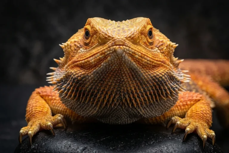 A close-up of a mature senior bearded dragon resting its front claws on a dark slate rock, showing alert eyes and healthy scale condition.