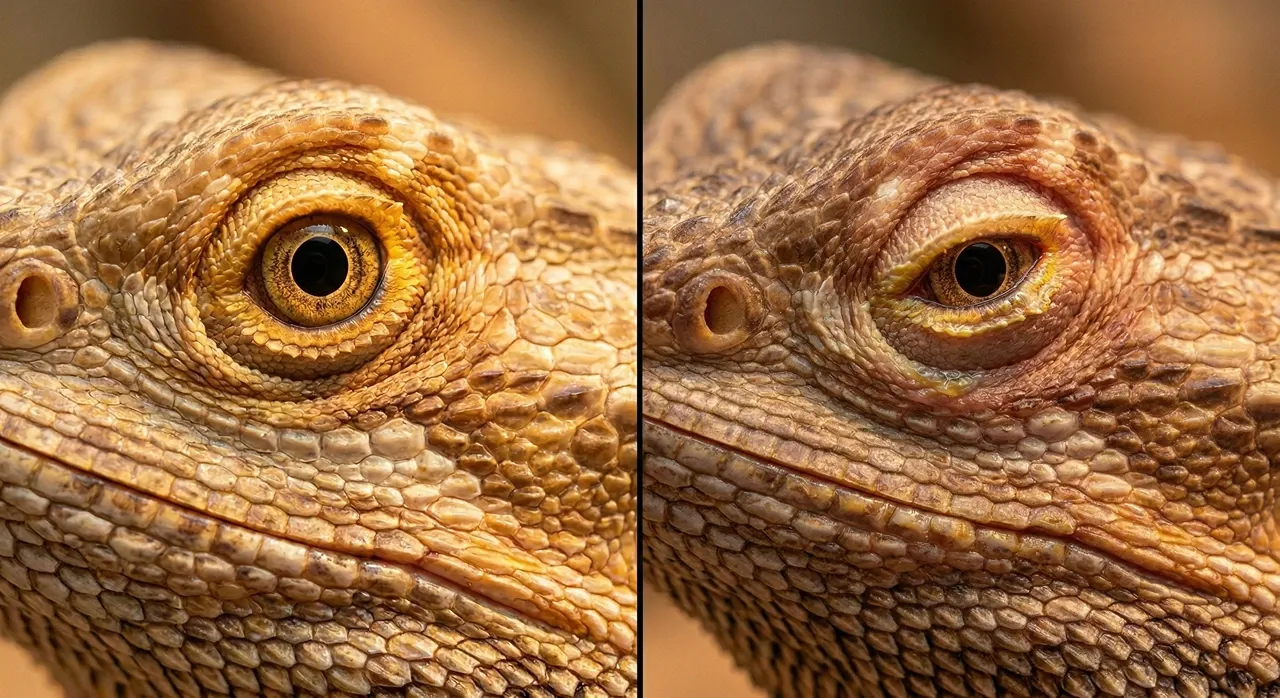 Side-by-side comparison of a healthy bearded dragon eye that is fully open and clear, next to an infected eye showing early signs of swelling, redness, and yellow crust.