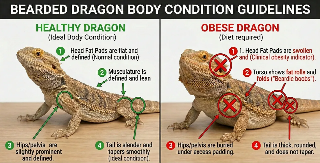 A side-by-side diagnostic diagram comparing a healthy bearded dragon to an obese bearded dragon, highlighting the differences in head fat pads, armpit fat rolls, hip bone visibility, and tail thickness.