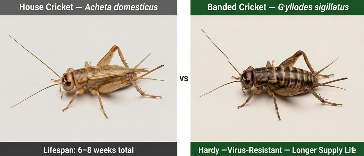 Side-by-side macro comparison of a light tan house cricket (Acheta domesticus) and a dark-banded cricket (Gryllodes sigillatus) as feeder insects for bearded dragons, showing the abdominal banding that identifies the hardier banded cricket species.