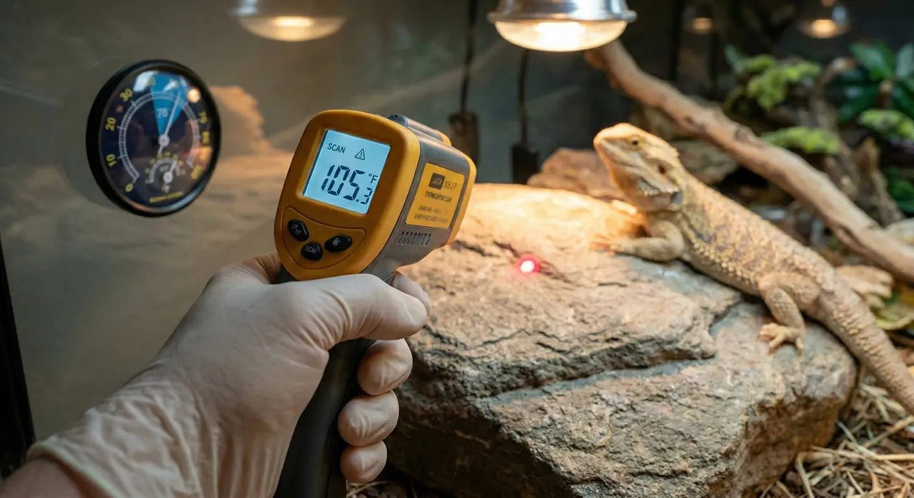 A keeper holding a yellow digital infrared temperature gun, pointing the red laser directly at a flat stone basking rock inside a bearded dragon enclosure. The gun's digital screen displays 105.3 degrees Fahrenheit. A bearded dragon rests on the rock nearby, and an analog dial thermometer is visible on the back glass wall.
