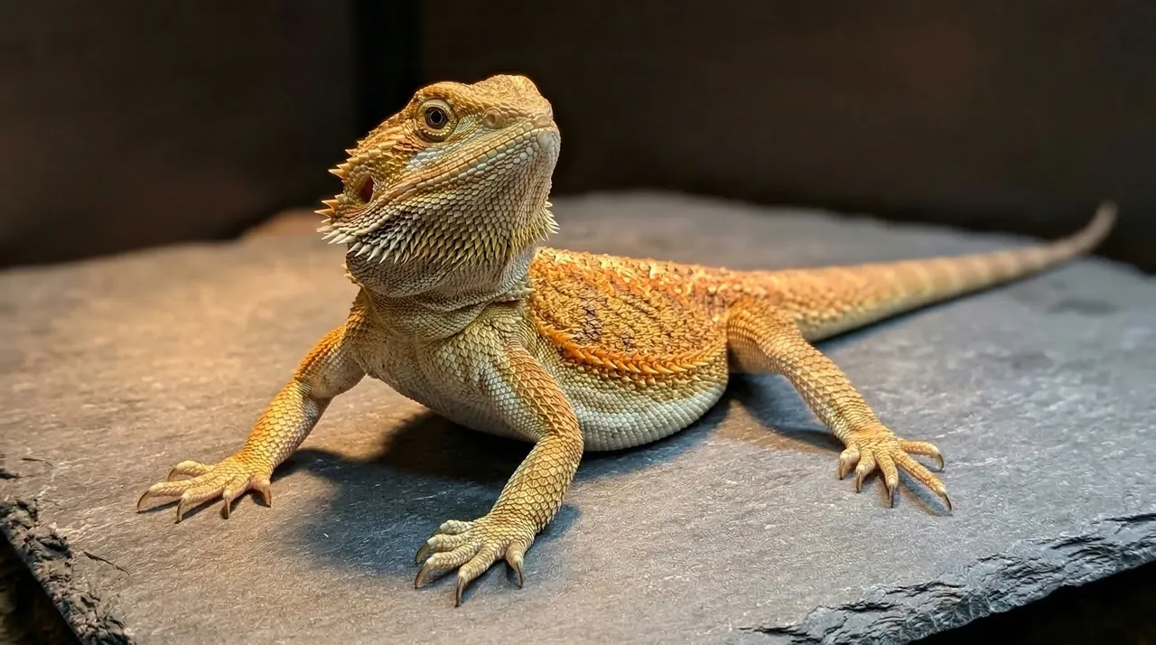 A healthy juvenile bearded dragon at approximately 12 months old, in a relaxed alert basking posture on a dark slate tile, showing what a well-cared-for dragon in the juvenile phase should look like.