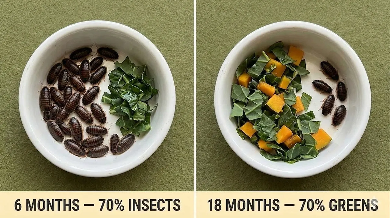 Feeding dish comparison showing the diet shift central to juvenile bearded dragon care: 70% Dubia roaches at 6 months reversed to 70% greens and butternut squash by 18 months.