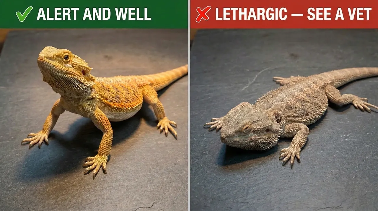Side-by-side comparison of a healthy alert juvenile bearded dragon with raised head and bright colouration versus a lethargic juvenile lying flat with dull colouration and closed eyes.