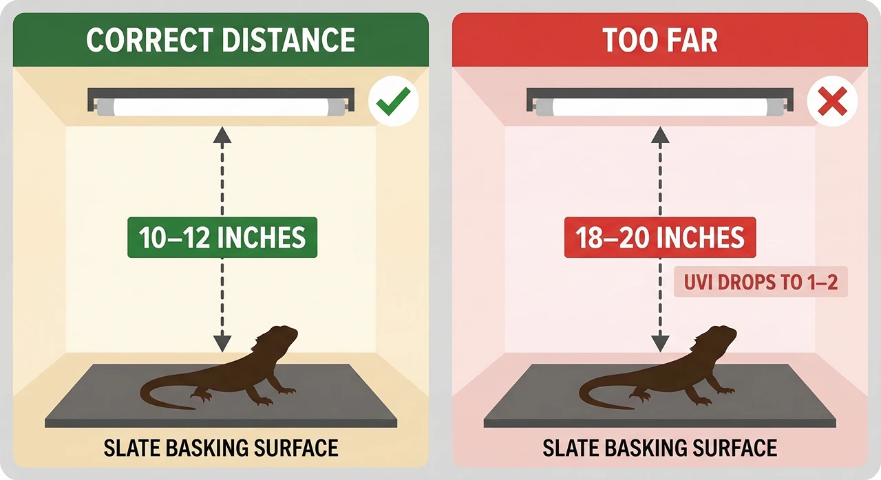 Diagram comparing the correct 10–12 inch T5 UVB mounting distance against an incorrect 18–20 inch distance, showing how UVI drops too low for D3 synthesis when the tube is too far from the basking surface.