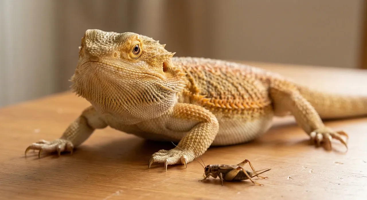 Macro photograph of a golden-tan bearded dragon in hunting posture, with its eyes locked on a single live house cricket feeder insect on a clean wooden surface.