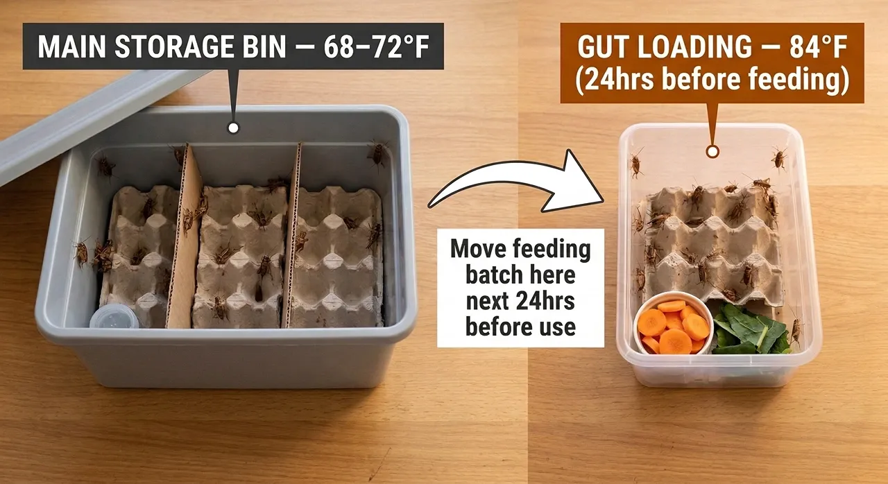 Two plastic containers side by side showing the two-bin temperature method for keeping crickets alive longer, with a large main storage bin reading 71°F on the left and a smaller gut-loading container with fresh vegetables reading 84°F on the right.
