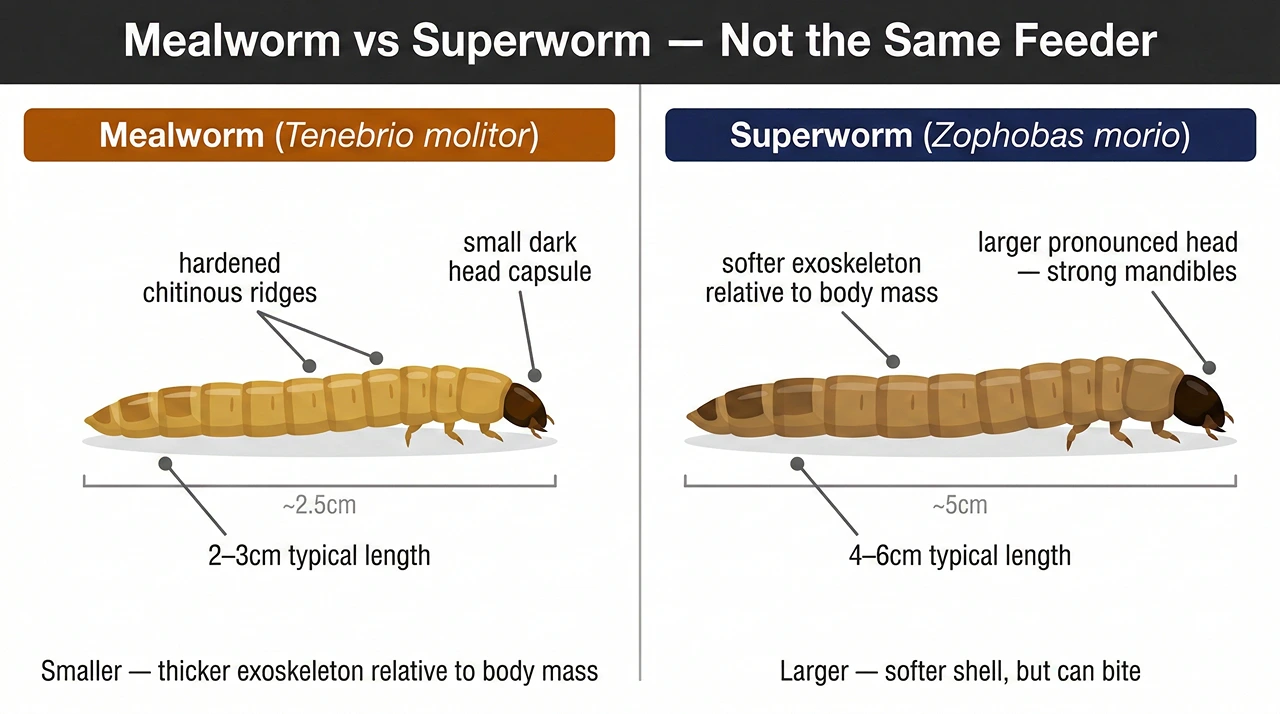 A side-by-side anatomical illustration comparing a smaller mealworm with a thick exoskeleton to a larger superworm, showing the difference in size, body mass, and head capsules.