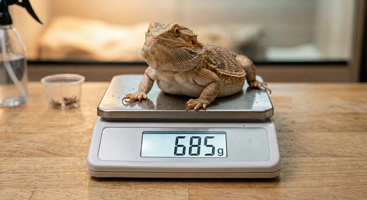 A slightly overweight bearded dragon sitting on a digital kitchen scale that reads 685 grams.