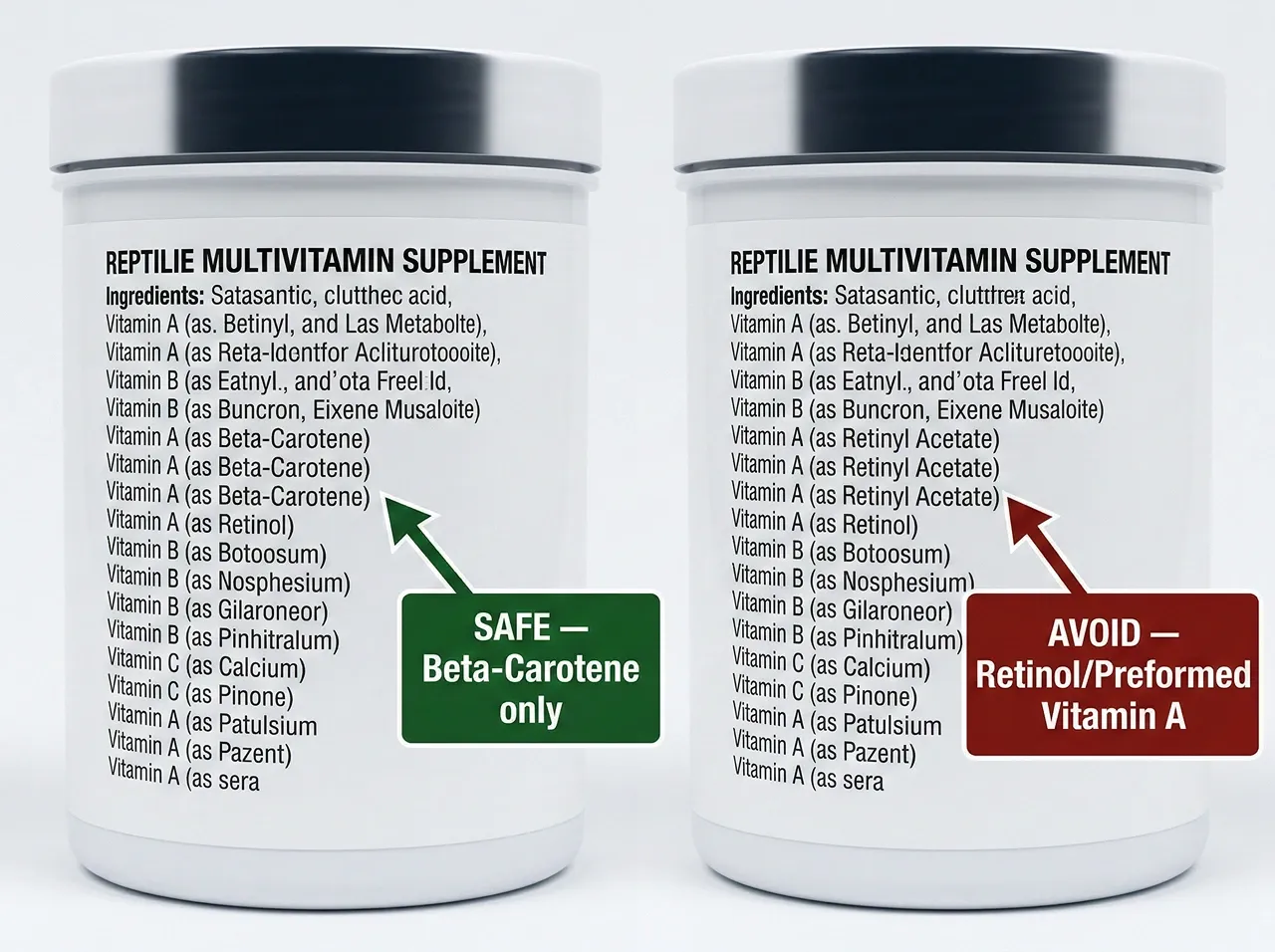 Close-up of two reptile multivitamin labels showing the difference between safe beta-carotene vitamin A on the left and harmful retinyl acetate on the right — the most important label check before adding any supplement to your routine.