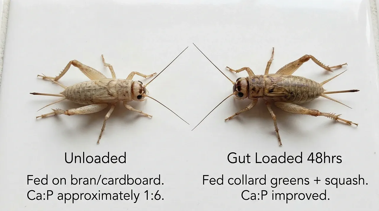 Side-by-side comparison of an unloaded cricket with a flat abdomen versus a gut-loaded cricket with a visibly plumper abdomen after 48 hours on collard greens and butternut squash.