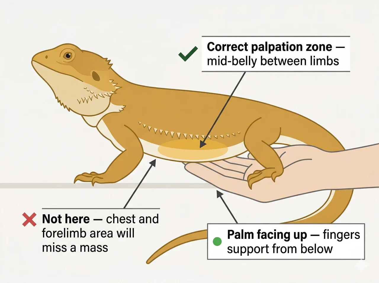 Illustrated bearded dragon in side profile with palm-up hand under mid-belly and labels marking the correct palpation zone