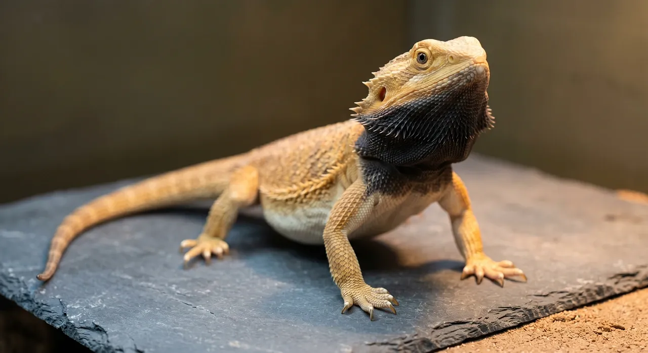 Healthy adult bearded dragon with a fully darkened beard in a typical communication display posture on a slate basking tile.