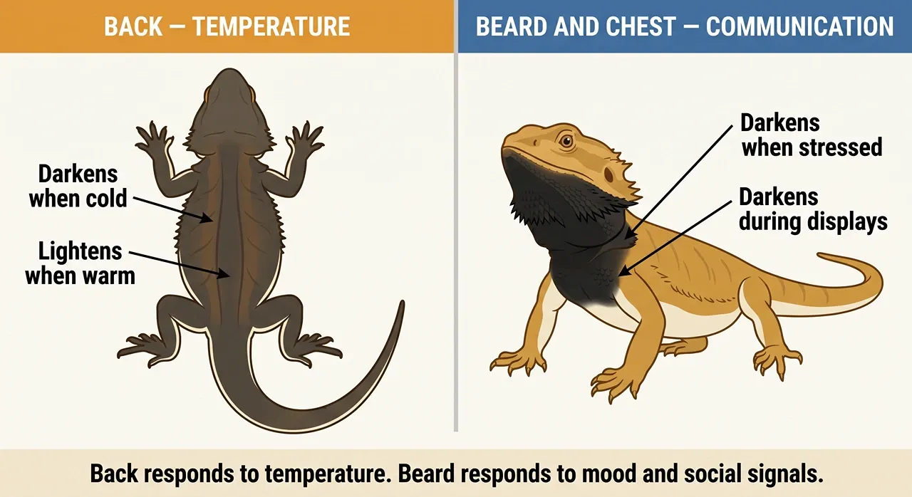 Diagram showing a bearded dragon's back darkens with cold while the beard darkens for communication and social displays.