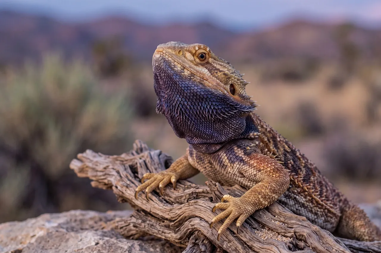 Adult bearded dragon displaying a dramatically darkened beard and chest against its warm golden-tan body in a natural desert setting.