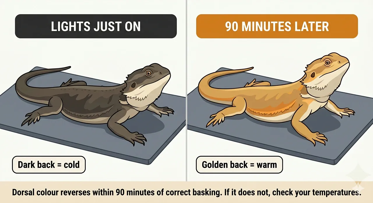 Comparison diagram showing a bearded dragon's dark morning back lightening to golden-tan after 90 minutes of proper basking.