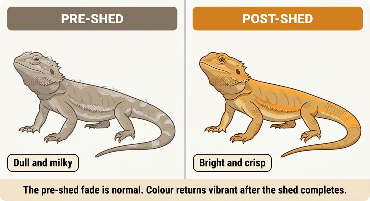 Comparison illustration showing a bearded dragon's dull milky pre-shed appearance next to its vibrant golden-tan colouration after the shed completes.