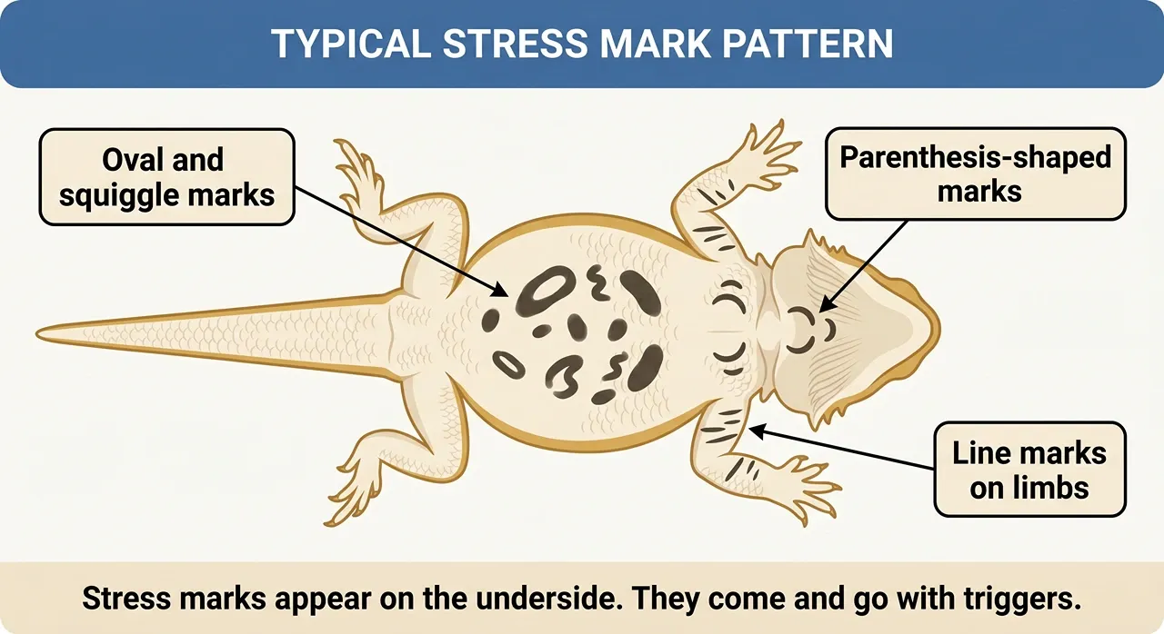 Diagram showing typical bearded dragon stress marks as oval, squiggle, parenthesis, and line shapes across the belly, throat, and inner limbs.