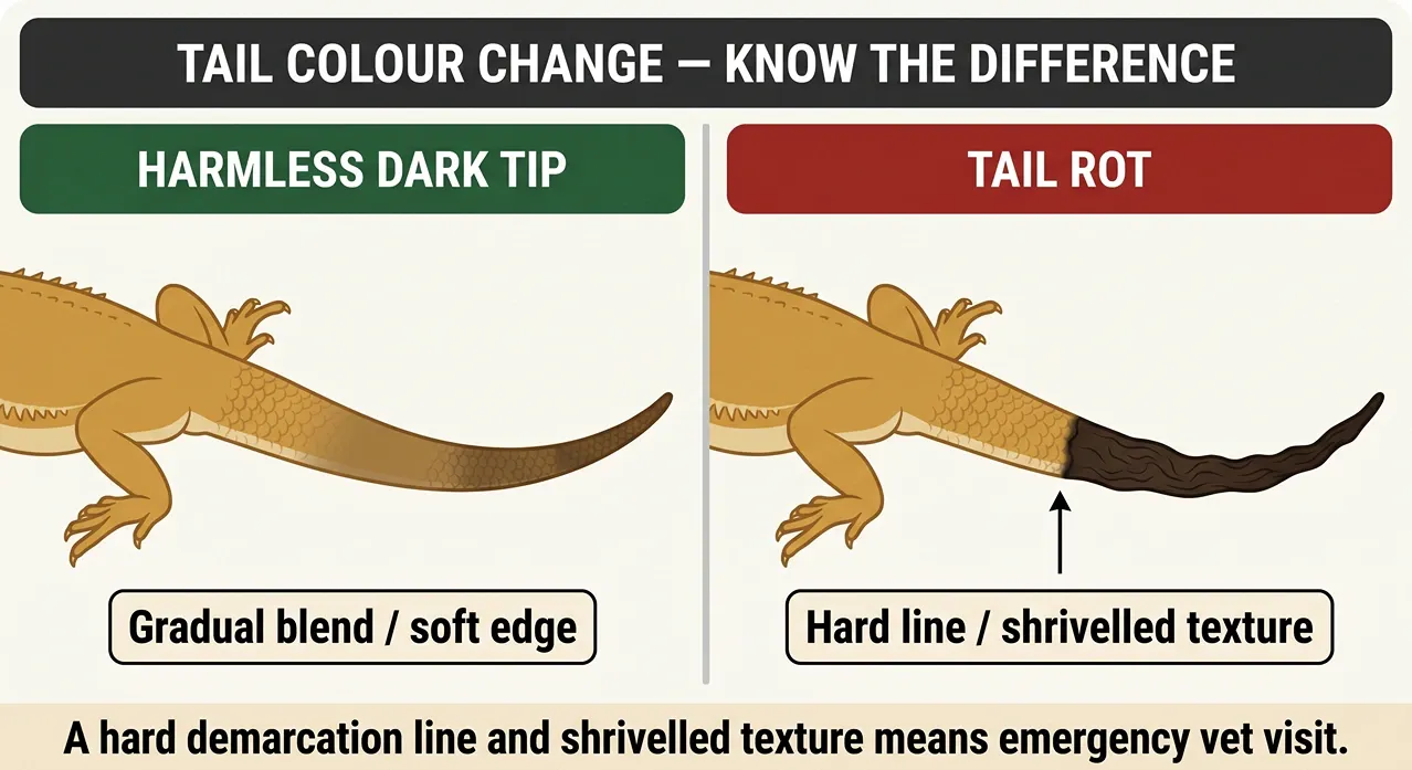 Comparison diagram showing a bearded dragon's harmless gradually darker tail tip next to tail rot's sharp demarcation line and shrivelled dead tissue.
