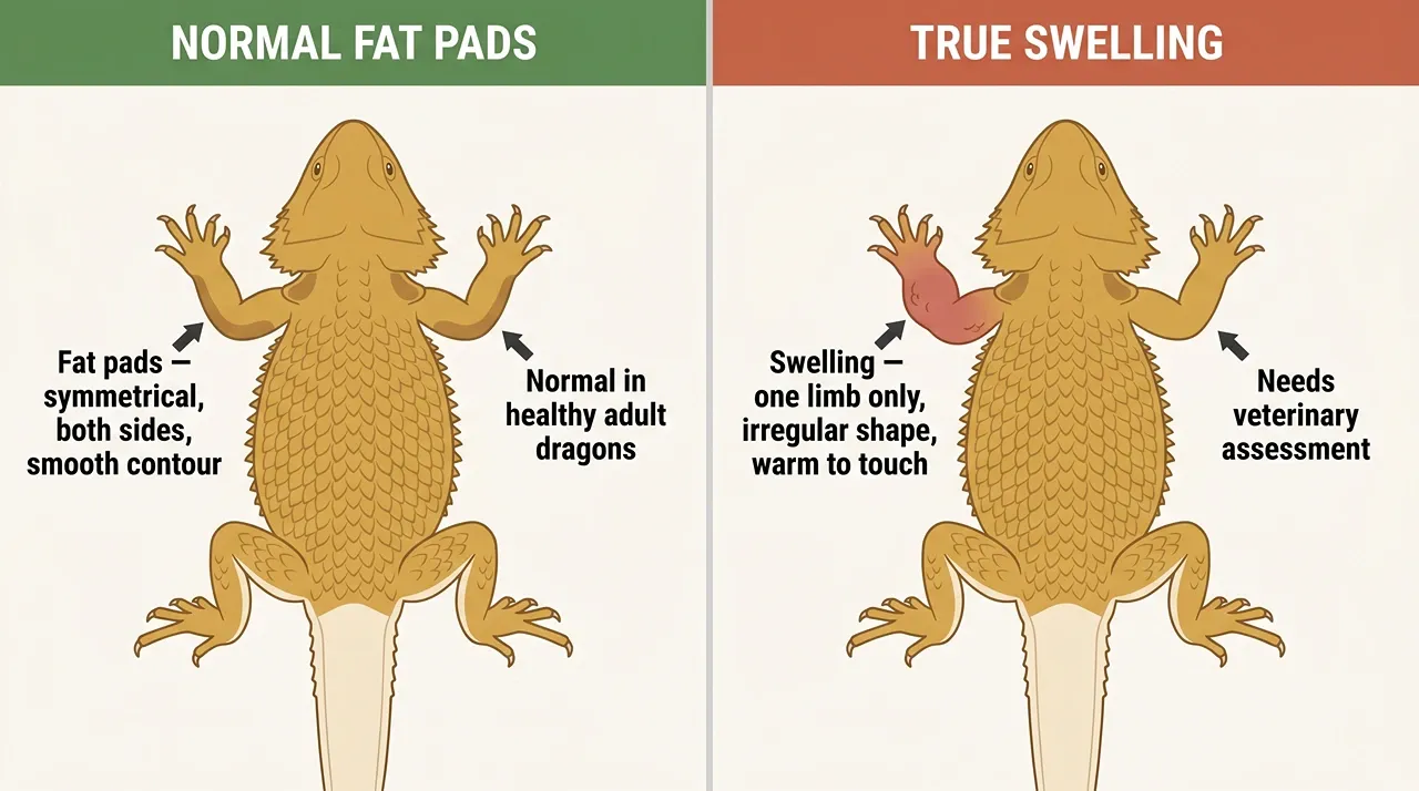 Diagram comparing symmetrical fat pads on a healthy bearded dragon to asymmetric unilateral limb swelling