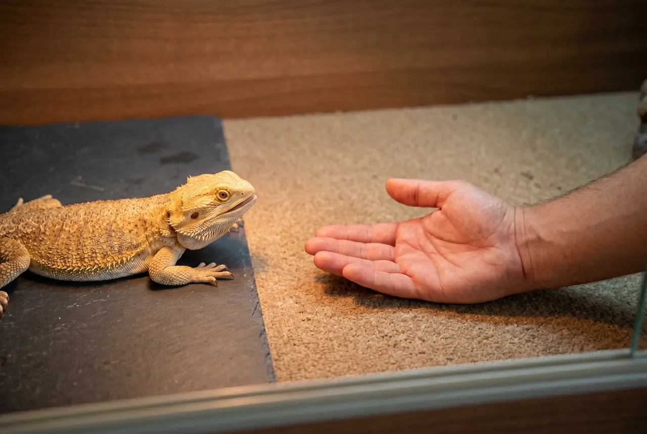 Keeper's open palm-up hand resting flat on enclosure substrate at eye level with a calm bearded dragon nearby