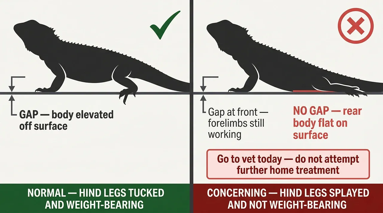 Bearded dragon silhouette diagram showing body elevated and weight-bearing on left versus rear belly flat on surface on right