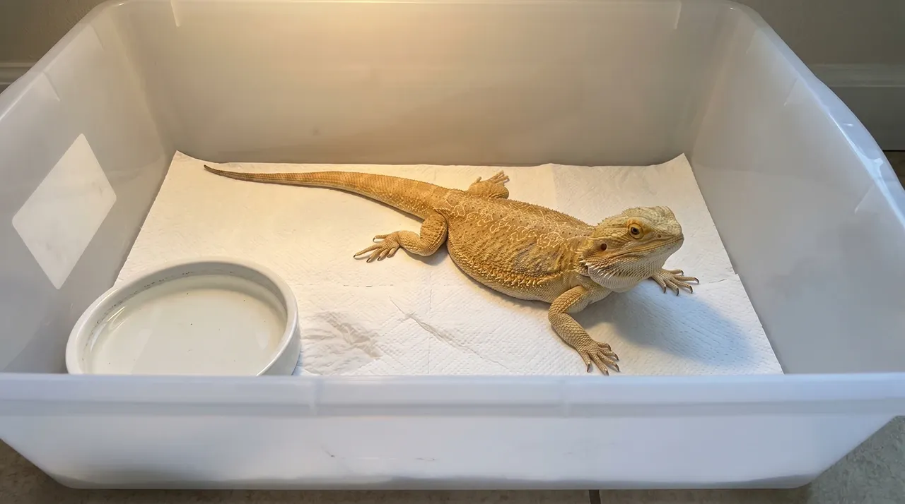 Calm bearded dragon resting in a minimal plastic tub hospital setup with paper towel substrate and a shallow water dish