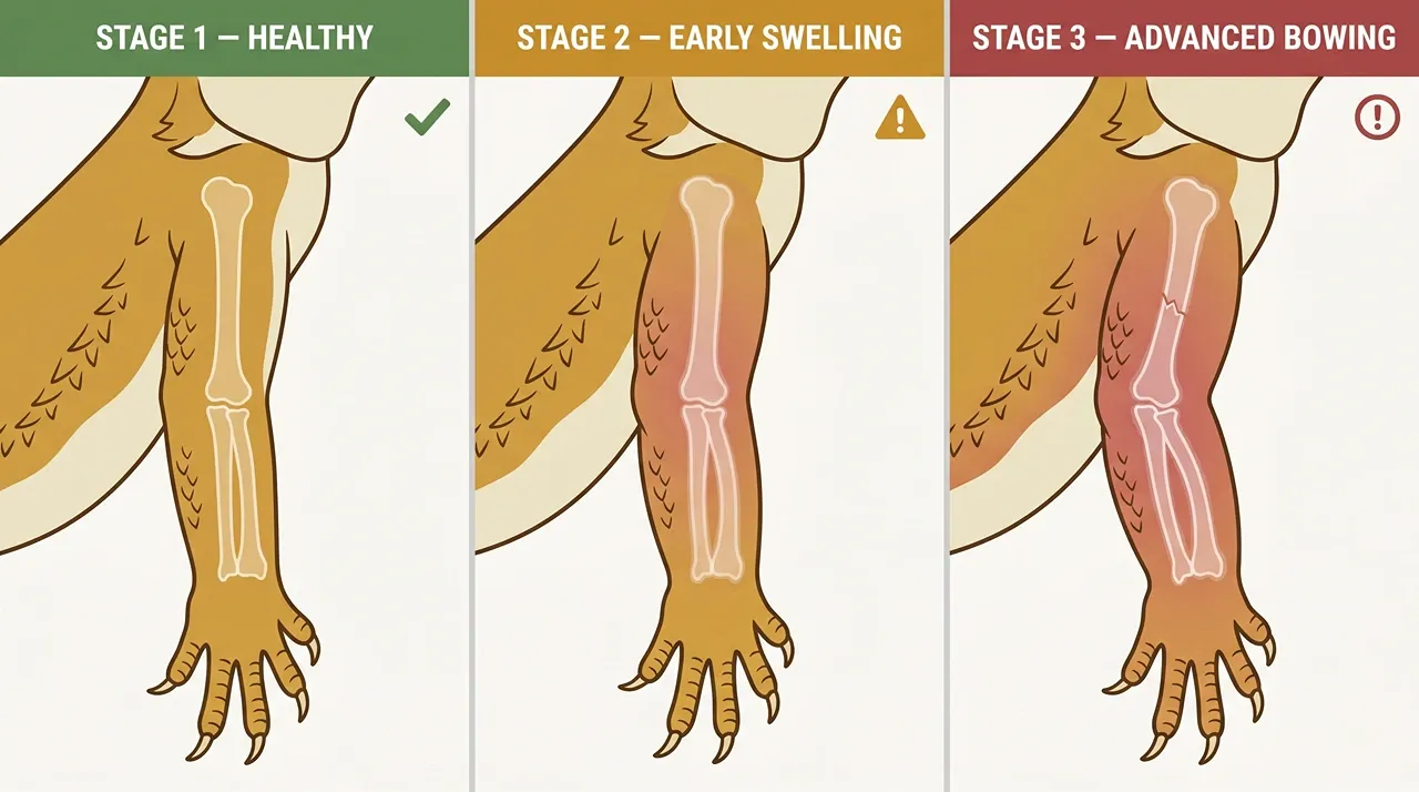 Three-stage medical illustration showing MBD progression in a bearded dragon forearm from healthy straight bones to advanced bowing with fracture