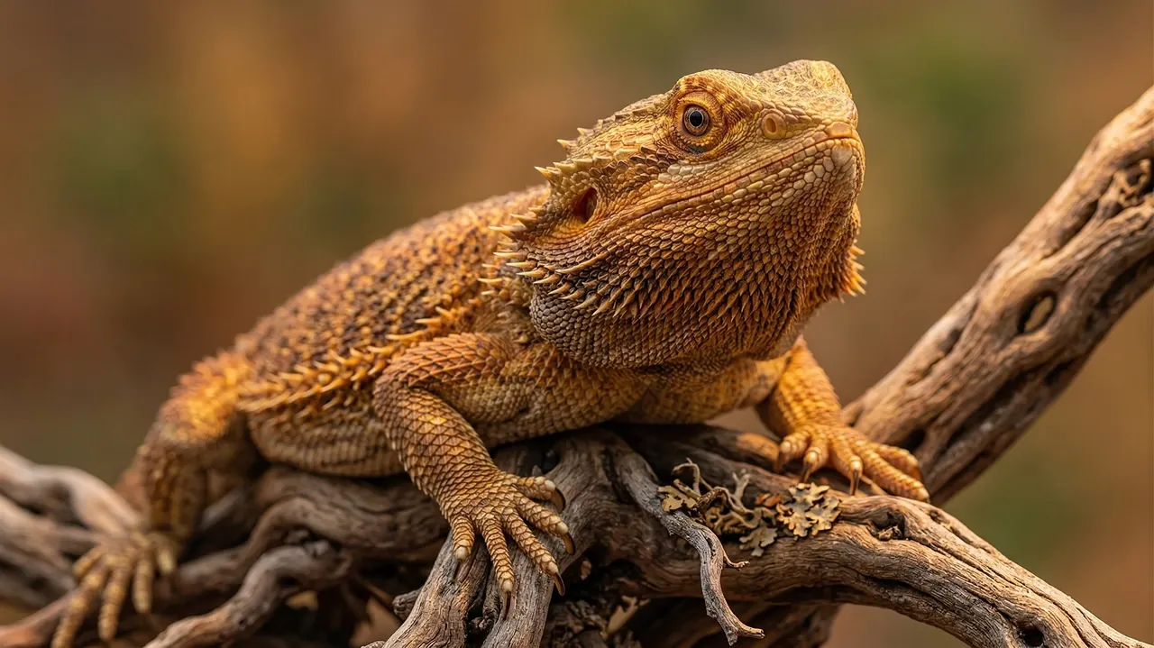 Healthy adult bearded dragon perched on driftwood — a bearded dragon not pooping is often a husbandry issue rather than a medical emergency