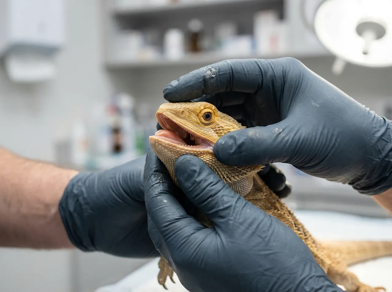 Veterinarian's dark-gloved hands holding a bearded dragon's mouth open during an oral examination in a clinical setting