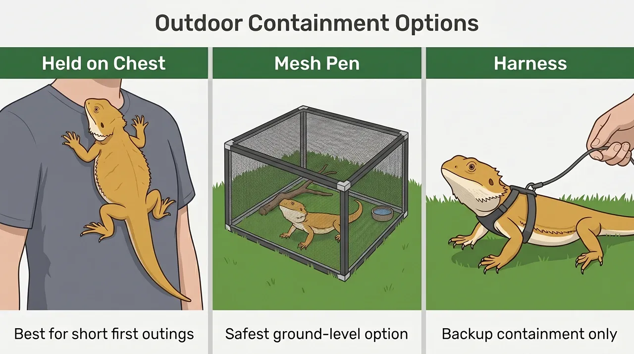 Three-panel diagram comparing outdoor containment methods for a bearded dragon - chest holding, mesh pen, and harness