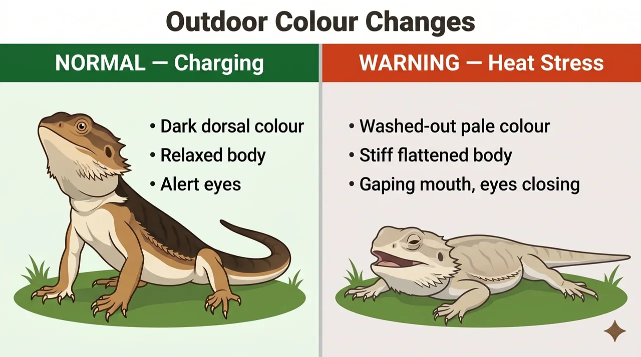 Diagram comparing a bearded dragon's normal dark charging colour with the washed-out pale appearance of outdoor heat stress