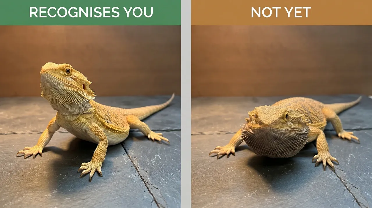 Side-by-side comparison of the same bearded dragon showing relaxed recognition posture on the left and cautious puffed-beard posture on the right