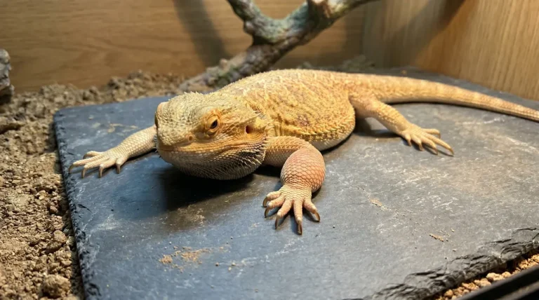 Concerned adult bearded dragon resting in its enclosure with a visibly swollen front forearm that needs a reptile vet