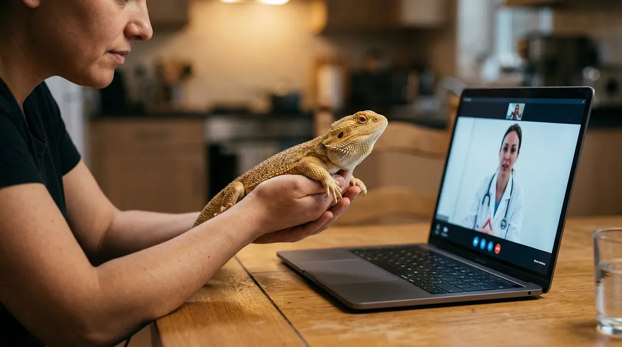 Reptile keeper holding a bearded dragon up toward a laptop screen during a telehealth video call with a veterinarian at home