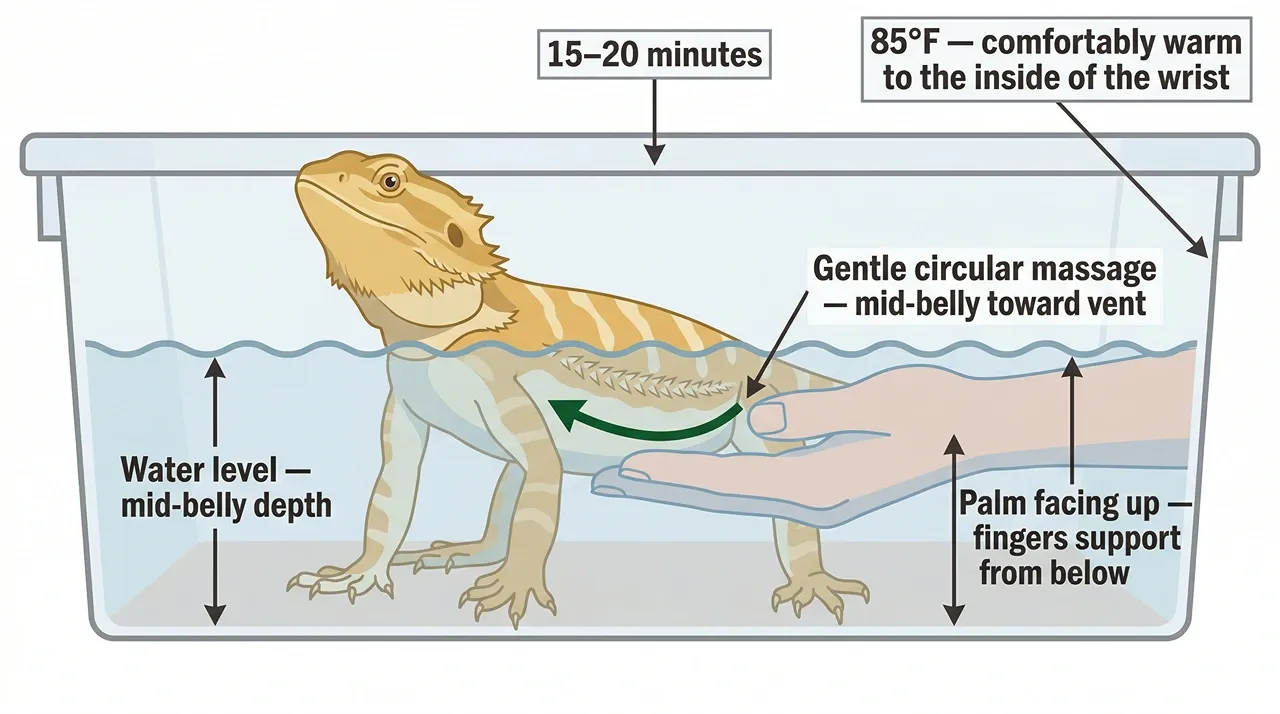 Cross-section illustration showing bearded dragon in warm bath at mid-belly depth with palm-up hand beneath and massage arrow