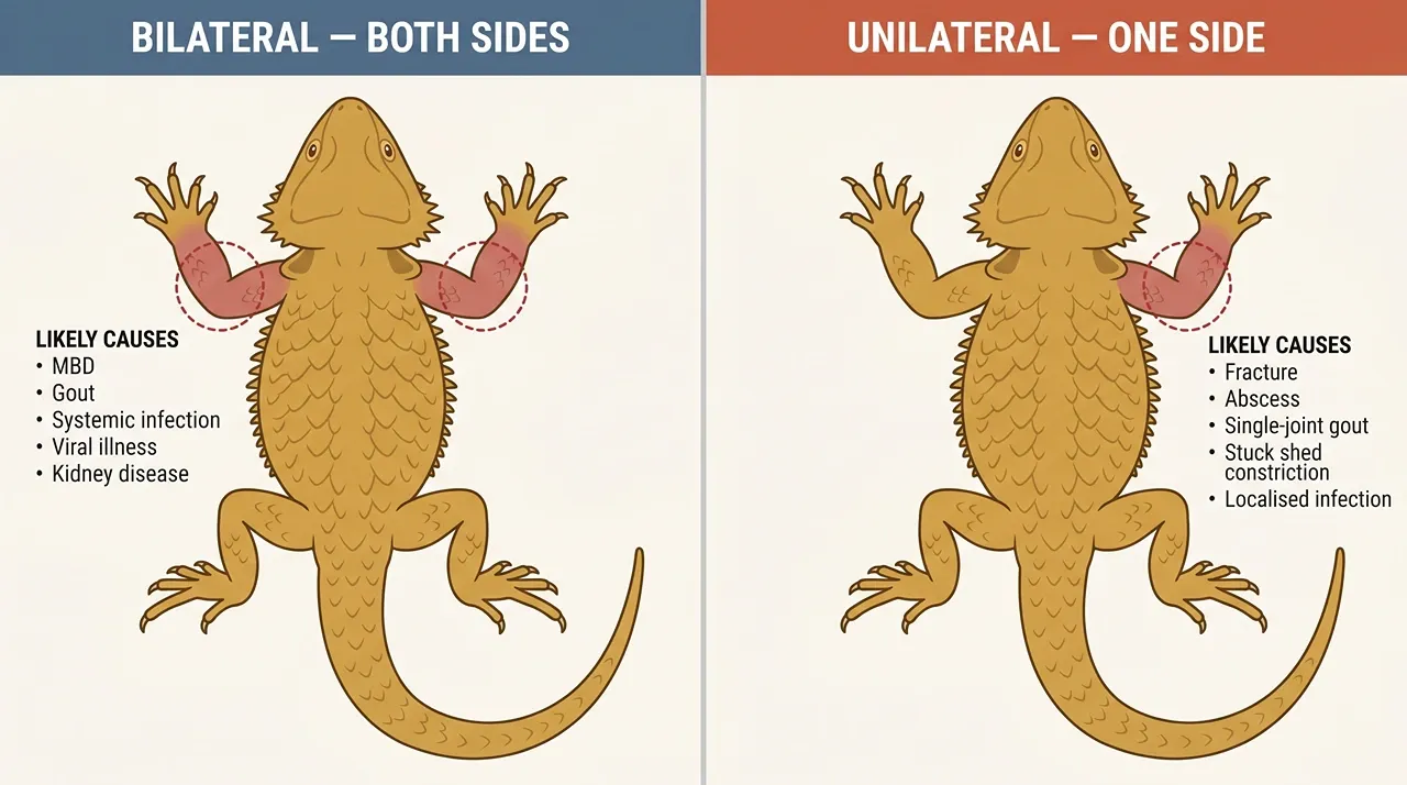Diagnostic diagram showing bilateral swelling from systemic causes versus unilateral swelling from localised causes in a bearded dragon