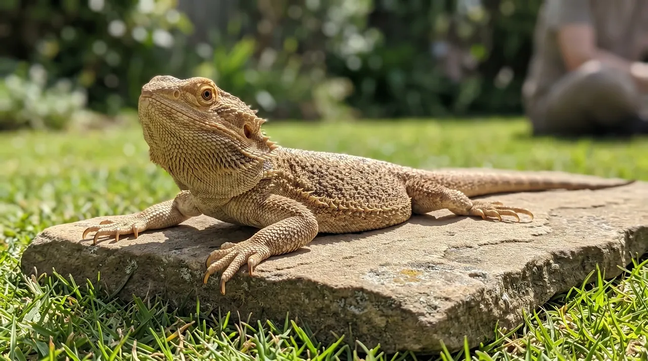 Adult bearded dragon basking on a natural stone in a sunlit garden with a keeper supervising nearby