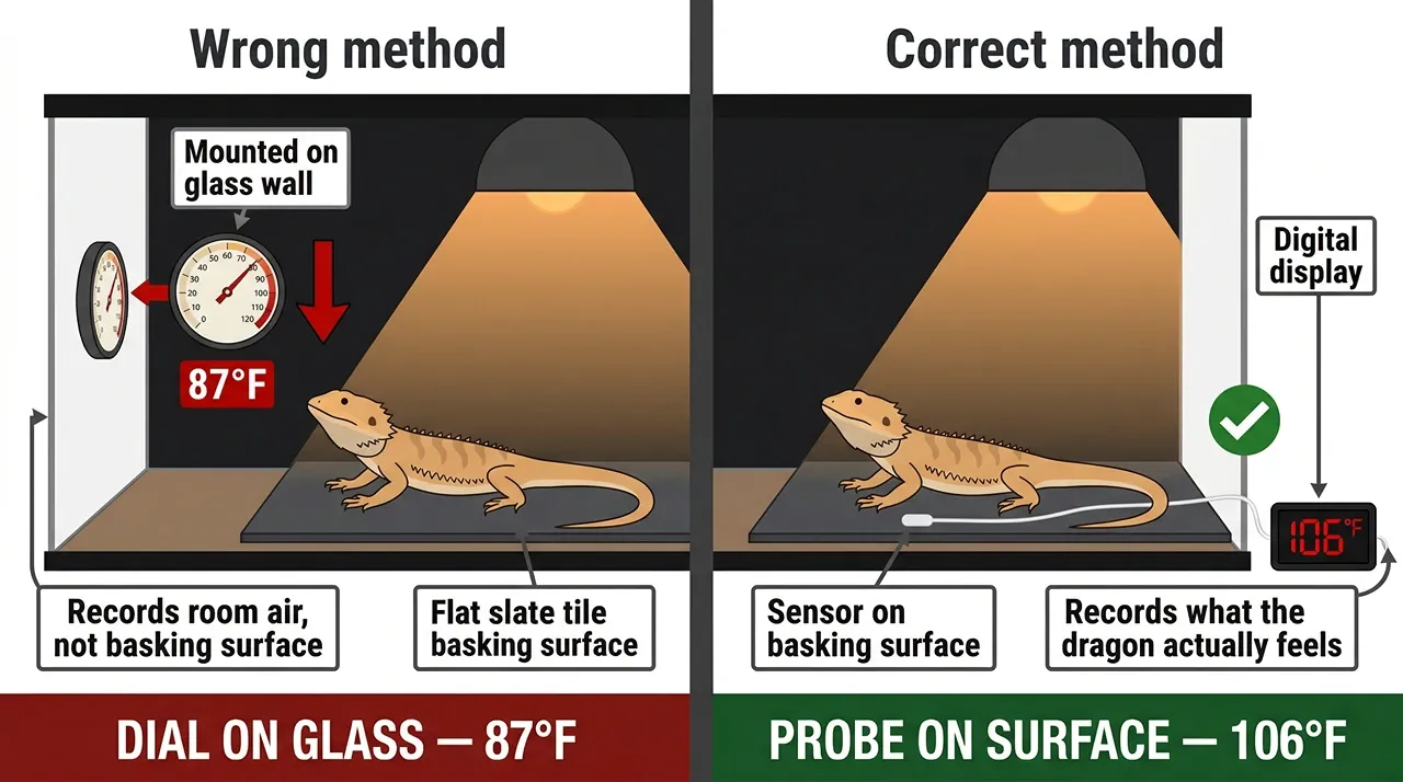 Flat illustration comparing dial thermometer on glass at 87°F versus probe thermometer on basking surface at 106°F