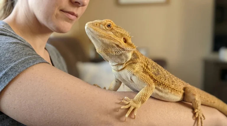 Bearded dragon resting calmly on its keeper's forearm and looking up toward her face with clear eye contact