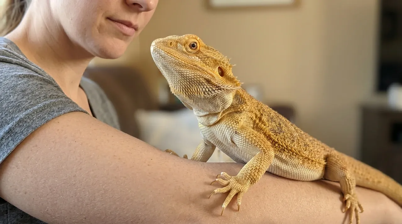 Bearded dragon resting calmly on its keeper's forearm and looking up toward her face with clear eye contact