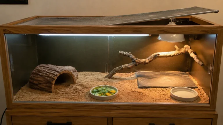 An empty wooden bearded dragon vivarium with the top metal mesh lid pushed open on the right side. The basking lamp is glowing over an empty slate tile, and a fresh salad sits untouched in a bowl, indicating the reptile has just escaped.