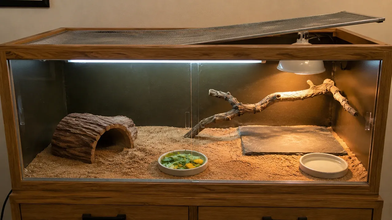 An empty wooden bearded dragon vivarium with the top metal mesh lid pushed open on the right side. The basking lamp is glowing over an empty slate tile, and a fresh salad sits untouched in a bowl, indicating the reptile has just escaped.