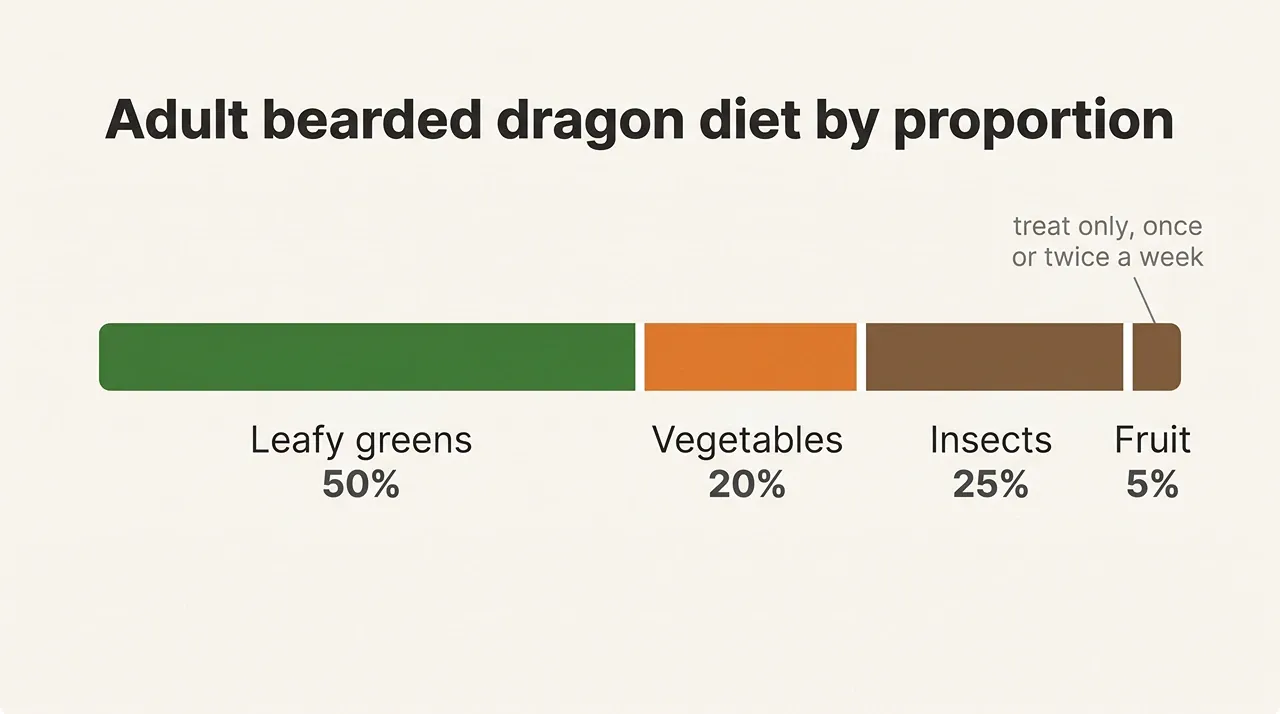 Bar chart of adult bearded dragon diet: 50% greens, 20% vegetables, 25% insects, 5% fruit